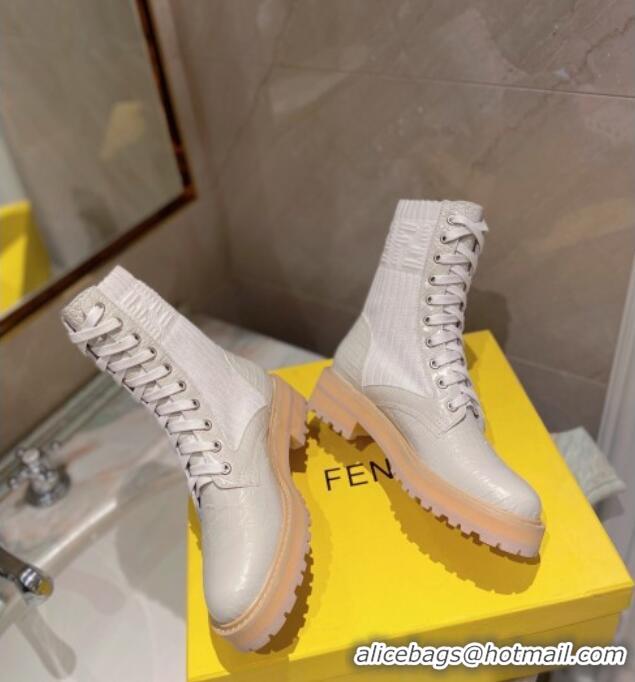 Good Product Fendi Rockoko Stone Embossed Calfskin and Knit Ankle Boots 081243 White 2021