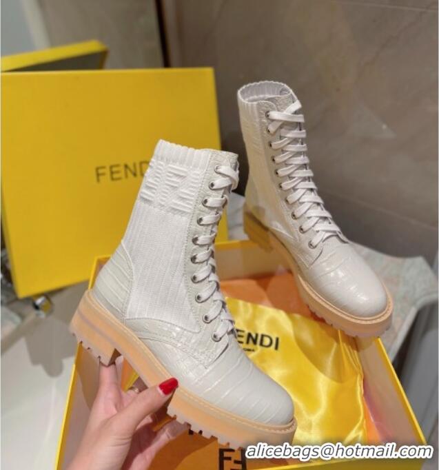 Good Product Fendi Rockoko Stone Embossed Calfskin and Knit Ankle Boots 081243 White 2021