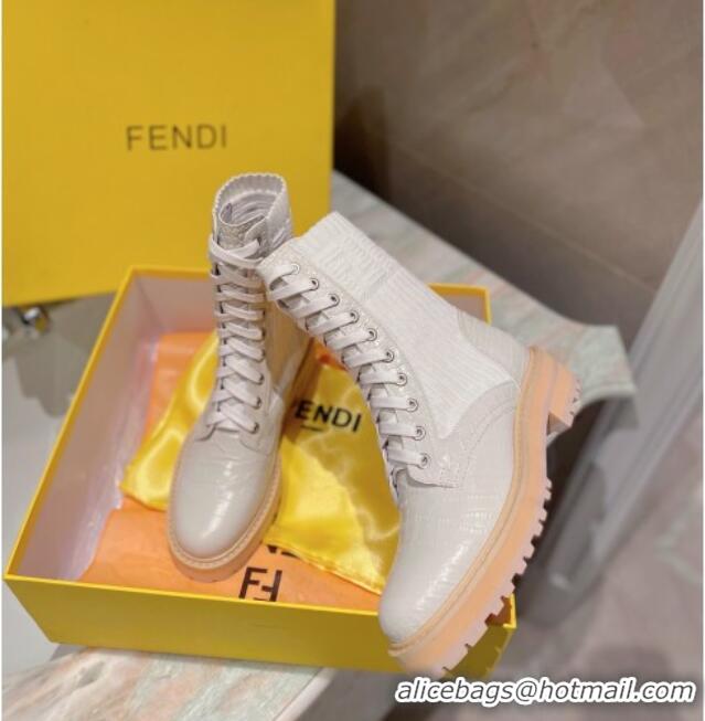 Good Product Fendi Rockoko Stone Embossed Calfskin and Knit Ankle Boots 081243 White 2021