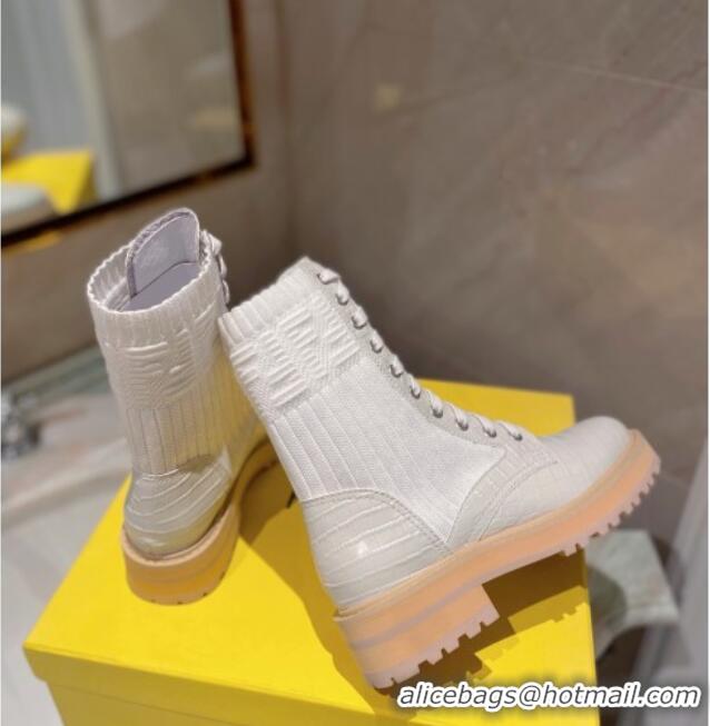 Good Product Fendi Rockoko Stone Embossed Calfskin and Knit Ankle Boots 081243 White 2021