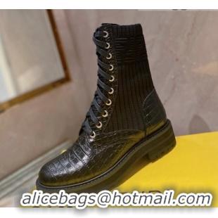 Charming Fendi Rockoko Stone Embossed Calfskin and Knit Ankle Boots 081243 Black 2021