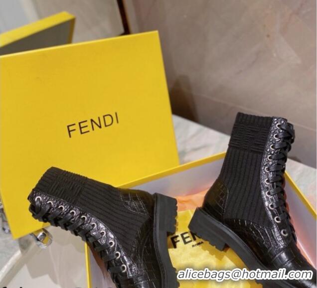 Charming Fendi Rockoko Stone Embossed Calfskin and Knit Ankle Boots 081243 Black 2021