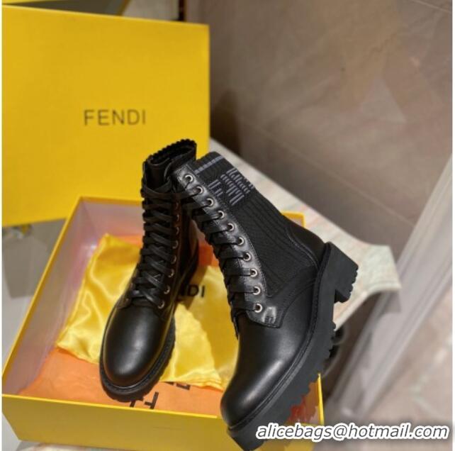 Good Quality Fendi Rockoko Calfskin and Knit Ankle Boots 081243 Black 2021