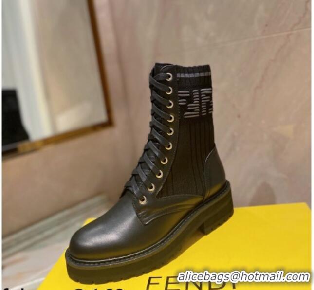 Good Quality Fendi Rockoko Calfskin and Knit Ankle Boots 081243 Black 2021