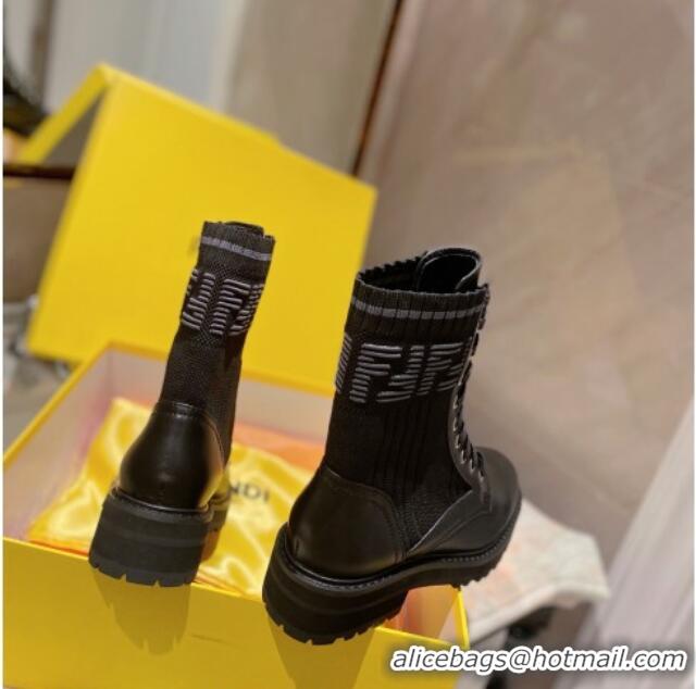 Good Quality Fendi Rockoko Calfskin and Knit Ankle Boots 081243 Black 2021