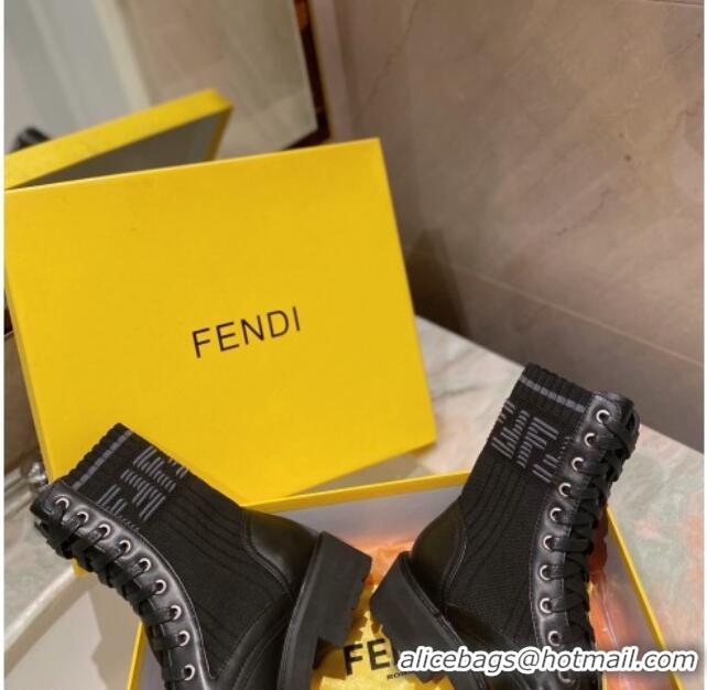 Good Quality Fendi Rockoko Calfskin and Knit Ankle Boots 081243 Black 2021