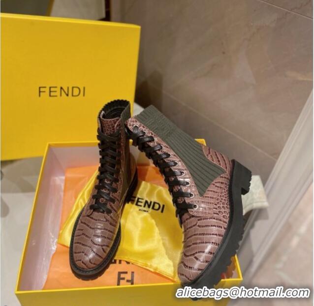 Best Price Fendi Rockoko Stone Embossed Calfskin and Knit Ankle Boots 081247 Brown 2021