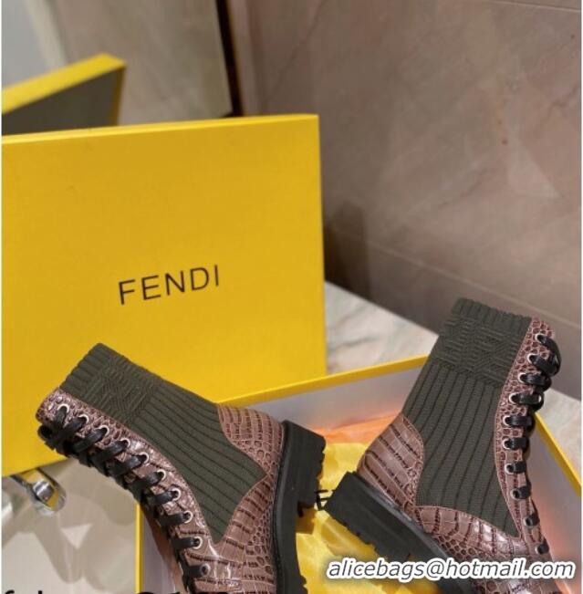 Best Price Fendi Rockoko Stone Embossed Calfskin and Knit Ankle Boots 081247 Brown 2021