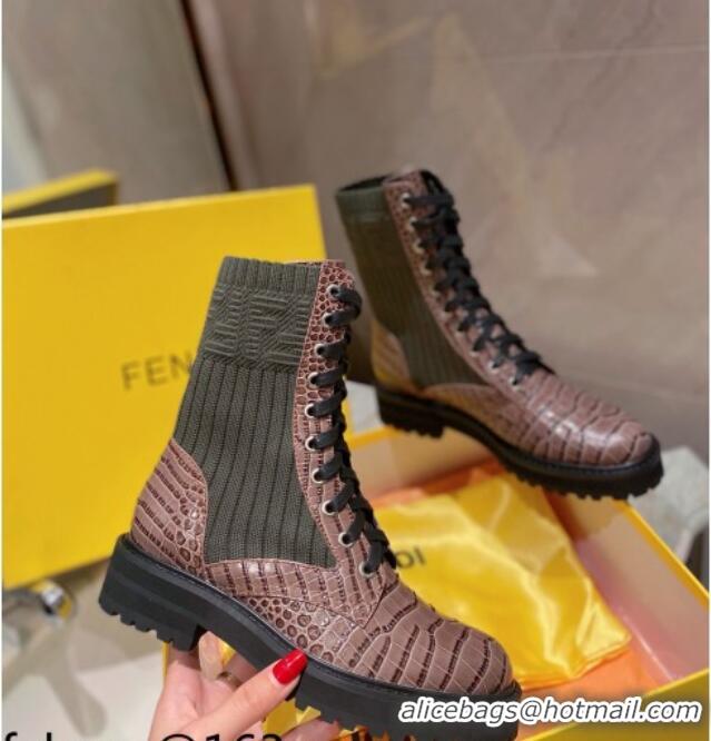 Best Price Fendi Rockoko Stone Embossed Calfskin and Knit Ankle Boots 081247 Brown 2021