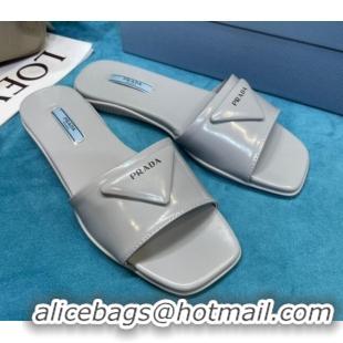 Discount Prada Shiny Leather Triangle Logo Flat Slide Sandals Grey 043090