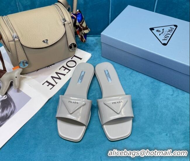 Discount Prada Shiny Leather Triangle Logo Flat Slide Sandals Grey 043090