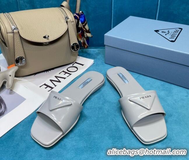 Discount Prada Shiny Leather Triangle Logo Flat Slide Sandals Grey 043090