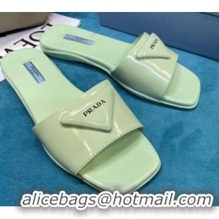  Top Quality Prada Shiny Leather Triangle Logo Flat Slide Sandals 043090 Green