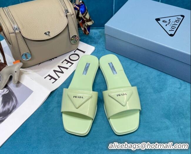  Top Quality Prada Shiny Leather Triangle Logo Flat Slide Sandals 043090 Green