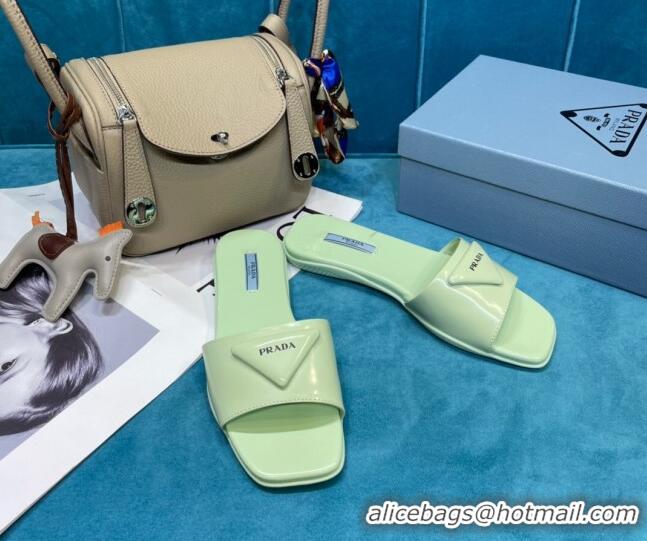  Top Quality Prada Shiny Leather Triangle Logo Flat Slide Sandals 043090 Green