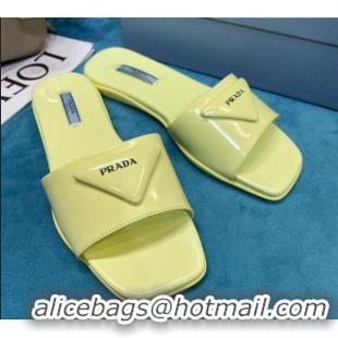 Low Cost Prada Shiny Leather Triangle Logo Flat Slide Sandals 043090 Yellow