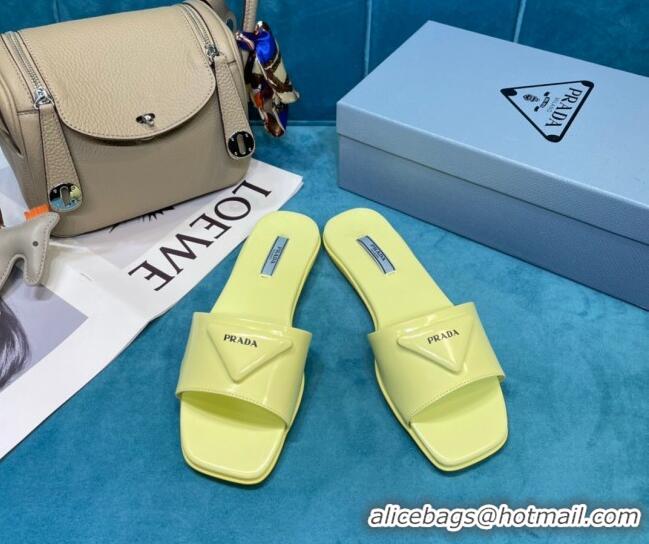 Low Cost Prada Shiny Leather Triangle Logo Flat Slide Sandals 043090 Yellow