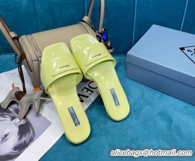 Low Cost Prada Shiny Leather Triangle Logo Flat Slide Sandals 043090 Yellow