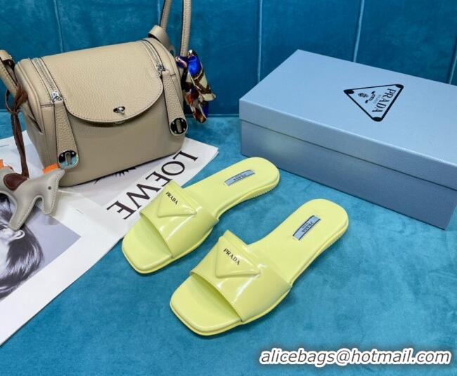 Low Cost Prada Shiny Leather Triangle Logo Flat Slide Sandals 043090 Yellow