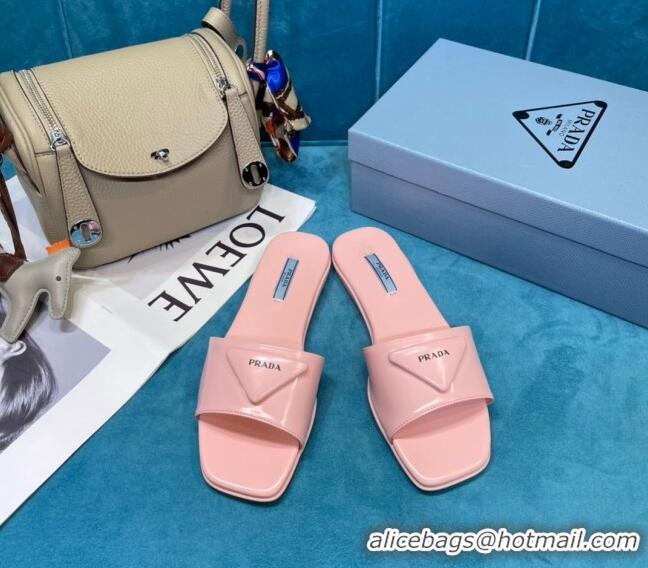 Best Price Prada Shiny Leather Triangle Logo Flat Slide Sandals 043090 Pink