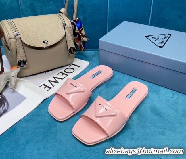 Best Price Prada Shiny Leather Triangle Logo Flat Slide Sandals 043090 Pink