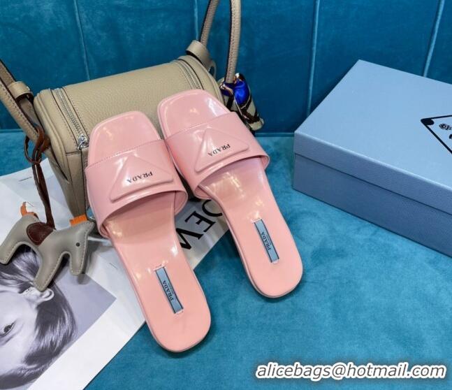 Best Price Prada Shiny Leather Triangle Logo Flat Slide Sandals 043090 Pink