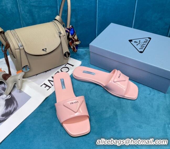 Best Price Prada Shiny Leather Triangle Logo Flat Slide Sandals 043090 Pink