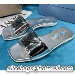 New Design Prada Shiny Leather Triangle Logo Flat Slide Sandals 043094 Silver 2021