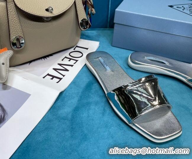 New Design Prada Shiny Leather Triangle Logo Flat Slide Sandals 043094 Silver 2021