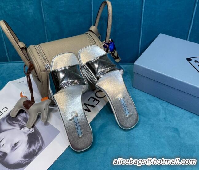 New Design Prada Shiny Leather Triangle Logo Flat Slide Sandals 043094 Silver 2021