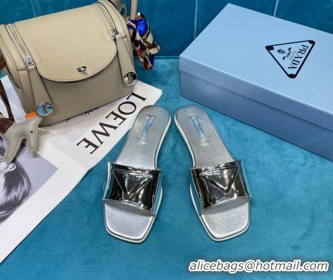 New Design Prada Shiny Leather Triangle Logo Flat Slide Sandals 043094 Silver 2021