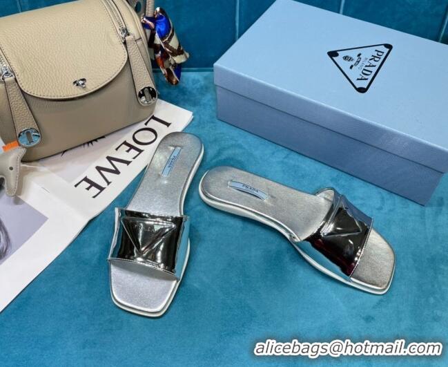 New Design Prada Shiny Leather Triangle Logo Flat Slide Sandals 043094 Silver 2021