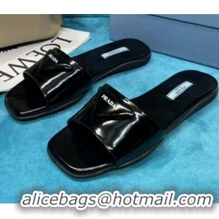 Top Quality Prada Shiny Leather Triangle Logo Flat Slide Sandals 043094 Black 2021