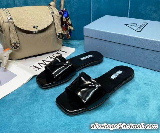 Top Quality Prada Shiny Leather Triangle Logo Flat Slide Sandals 043094 Black 2021