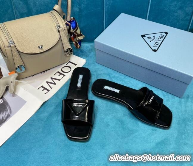 Top Quality Prada Shiny Leather Triangle Logo Flat Slide Sandals 043094 Black 2021