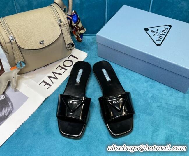 Top Quality Prada Shiny Leather Triangle Logo Flat Slide Sandals 043094 Black 2021