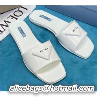 Cute Prada Shiny Leather Triangle Logo Flat Slide Sandals 043094 White 2021