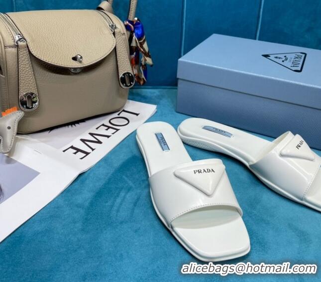 Cute Prada Shiny Leather Triangle Logo Flat Slide Sandals 043094 White 2021