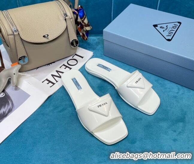 Cute Prada Shiny Leather Triangle Logo Flat Slide Sandals 043094 White 2021