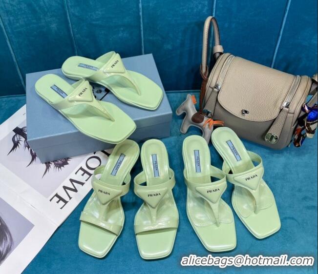 Good Quality Prada Shiny Leather Heel Thong Sandals 3.5cm 043097 Green 2021