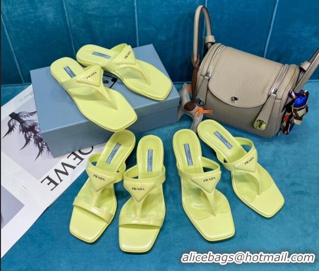 Super Quality Prada Shiny Leather Heel Thong Sandals 3.5cm 043097 Yellow 2021