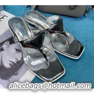 Custom Prada Shiny Leather Heel Thong Sandals 3.5cm 043097 Silver 2021