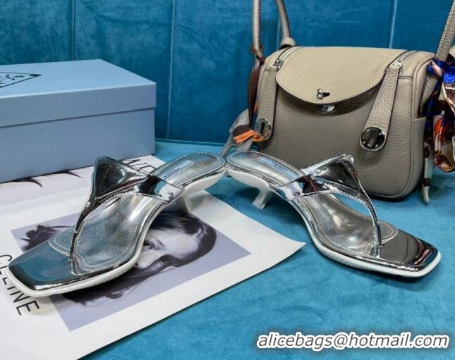 Custom Prada Shiny Leather Heel Thong Sandals 3.5cm 043097 Silver 2021