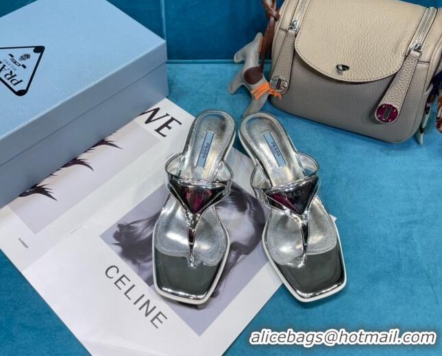 Custom Prada Shiny Leather Heel Thong Sandals 3.5cm 043097 Silver 2021