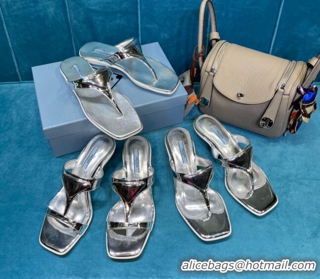 Custom Prada Shiny Leather Heel Thong Sandals 3.5cm 043097 Silver 2021