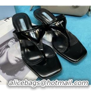 Grade Design Prada Shiny Leather Heel Thong Sandals 3.5cm 043097 Black 2021