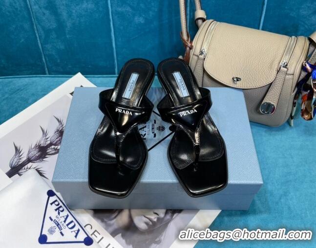 Grade Design Prada Shiny Leather Heel Thong Sandals 3.5cm 043097 Black 2021