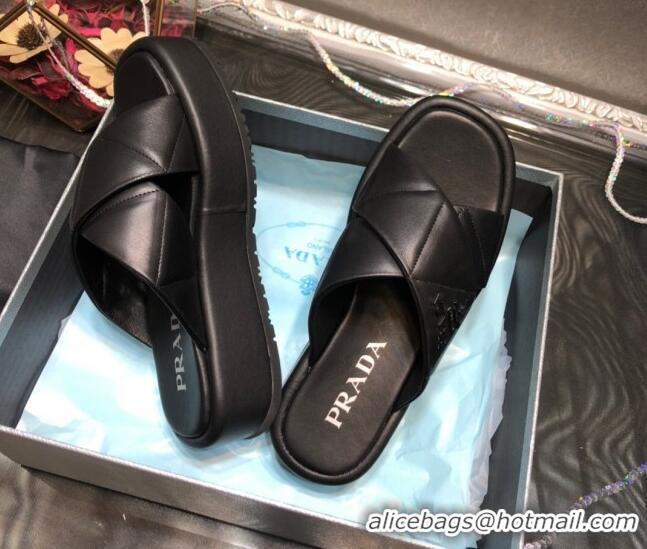 Good Product Prada Quilted Lambskin Platform Slide Sandals 050746 Black 2021