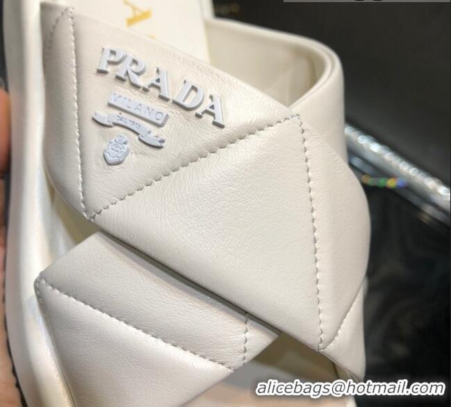 Low Price Prada Quilted Lambskin Platform Slide Sandals 050746 White 2021