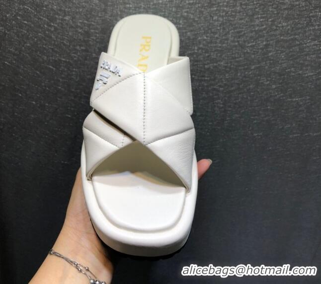 Low Price Prada Quilted Lambskin Platform Slide Sandals 050746 White 2021